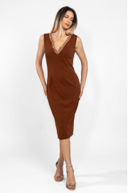 Midi pencil φόρεμα brown με διακοσμημένη V λαιμόκοψη