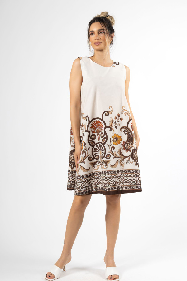 Φόρεμα αμάνικο brown floral τύπωμα και μπορντούρα