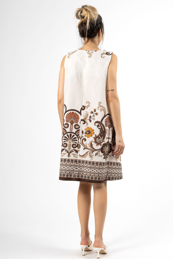 Φόρεμα αμάνικο brown floral τύπωμα και μπορντούρα