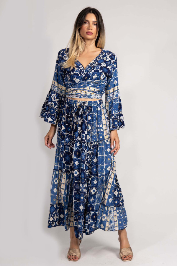 Σετ φούστα με crop top μπλούζα μπλε εμπριμέ