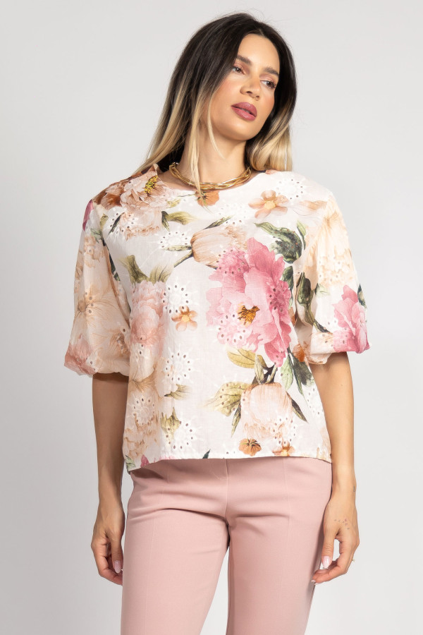 Μπλούζα floral λευκή με κοντό μανίκι